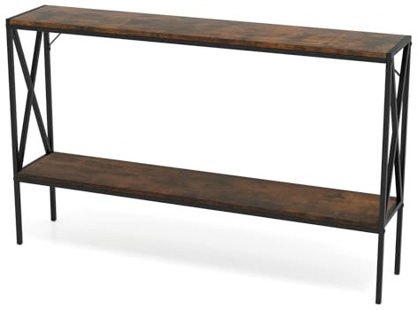 COSTWAY 2-Tier Console Table, 120cm Long Slim Entryway Table with Open Storage Shelf, Industrial X-Shaped Metal Frame Narrow Hall Desk Behind Sofa Side Table for Hallway, Foyer and Living Room