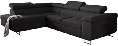 Friderik Antonia Ecksofa mit Schlaffunktion mit L-förmiger Box, Sofa mit Bettcontainer, Sofa mit verstellbaren Kopfstützen (Schwarz, Links)