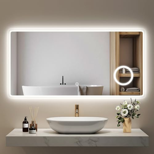 EMKE Badspiegel mit Beleuchtung 120x60cm, Badezimmerspiegel mit Kaltweiß Licht 6500K, 3X Kosmetikspiegel, Touch, Speicherfunktion, Energiesparend Badezimmerspiegel mit Beleuchtung