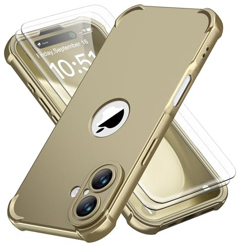 ORETECH for iPhone 16 Case 6.1 inch, with [2 Pack 9H Screen Protector] [Camera Lens Guard] [15FT Military Grade Drop Test] 360° Shockproof Slim Fit Design Rubber Bumper Phone Cover - Gold