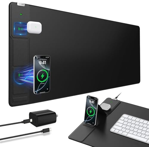 Wireless Charging Mouse Pad with Foldable Phone Holder, 31.5x15.8 Extended Desk Mat for Laptop/Keyboard, Waterproof Ultra-Smooth Surface, Non-Slip Base & 20W PD Adapter, Black