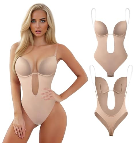 Fiohiros Strapless Shapewear Bodysuit for Women Tummy Control,Waist Tightening Clear Bra Straps with Deep V-Neck Backless Bra for Parties,Homewear (Beige, S)