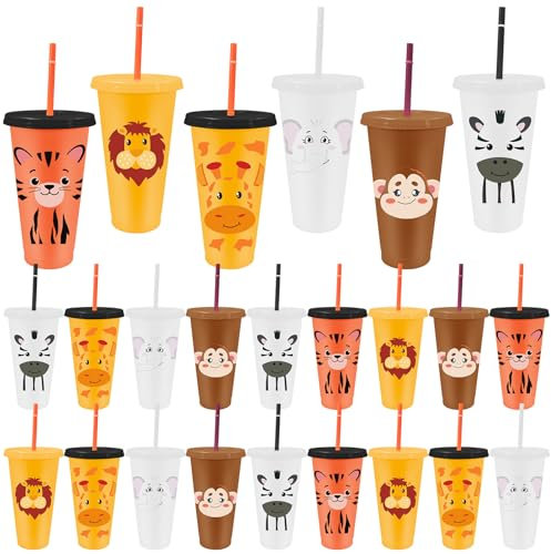 24 Pcs Reusable Plastic Tumbler 710 ml Plastic Cups with Lid and Straw Party Favors Water Bottle Coffee Mug for Party Supplies Birthday Themed Favor Classroom Exchange Gifts - Jungle Animal