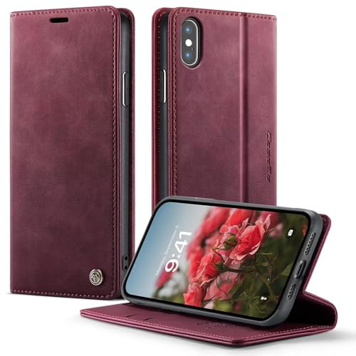 WenBaby CaseMe Handyhülle für iPhone X/XS Hülle Premium Nubukleder PU Lederhülle Klapphülle【RFID Schutz】 Kartenfach Standfunktion Schutzhülle Flip Case Wallet Tasche Cover,Weinrot