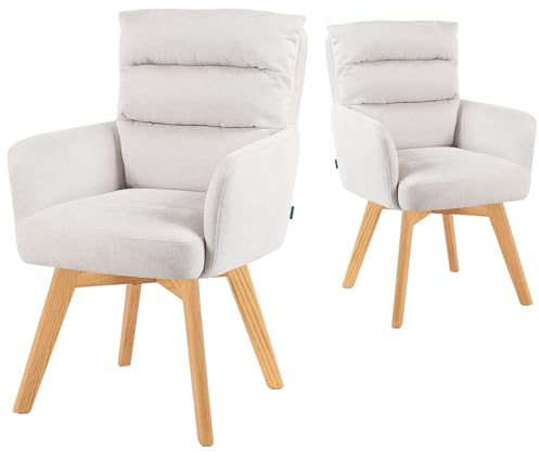 DUBI Möbel Esszimmerstühle 2er Set 360° drehbar mit Taschenfederkern, hoher Sitzkomfort, bis 150 kg belastbar, abriebfester Stoff Creme, Eiche Massivholzgestell geölt (Natur), Mika-Joni