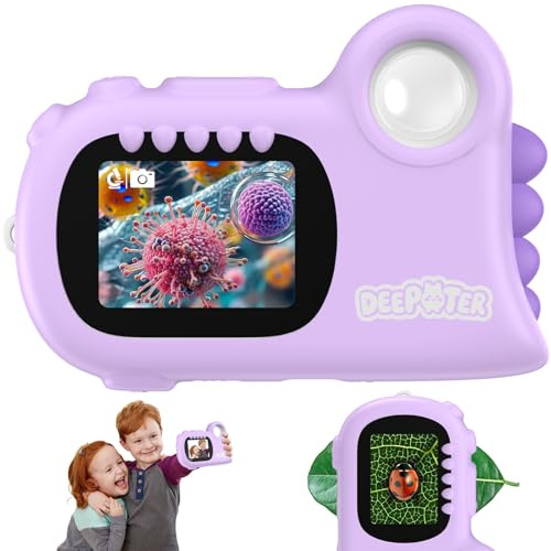 2 i 1 bärbart barnmikroskop, Deepoter 1000X fickmikroskop, 2 tum IPS-skärm, 1080P, 8 LED-lampor, digitalt mikroskop för 3–12 år studenter och barn - jul/födelsedag (lila)