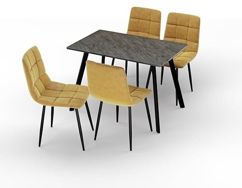 URBNLIVING 110cm Dining Table & 4 Velvet Chairs Set – Modern Metal Frame Kitchen Furniture, Contemporary Dining Room Set - Slate Grey Table Curry Yellow Chair