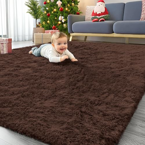 Homaxy Hochflor Waschbar Groß Teppich Wohnzimmer 300 x 400 cm, Braun | Anti-Rutsch Unterseite Teppiche, Flauschig Teppich fürs Kinderzimmer, Schlafzimmer
