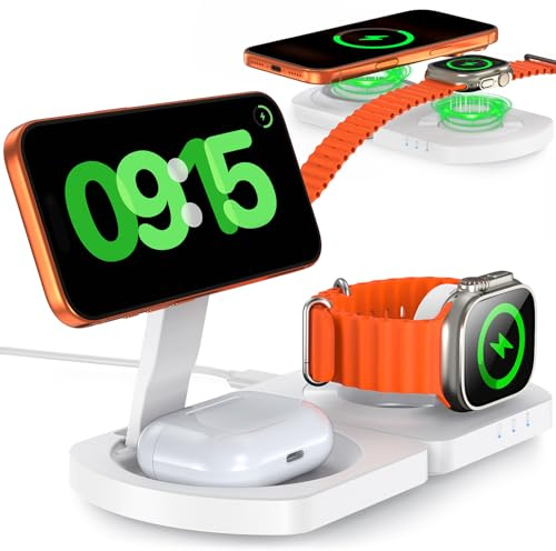 EGV Wireless Charger for iPhone, 3-in-1 Magnetic Charging Station for Apple, MagSafe Charger Stand for iPhone 17 Air 16 15 14 13 12 Series, Airpods Pro, Apple Watch Ultra, Foldable, No Adapter, White