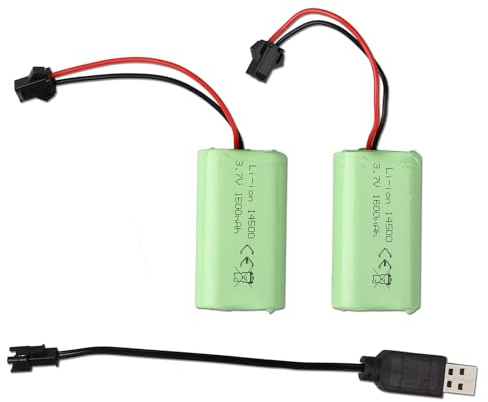 2 Batteries Li-ION 3.7V 1600mAh avec Prise Sm-2P Et Chargeur USB, Batterie RC pour Véhicules Drones RC Robot Bateau Avion Batterie Universelle