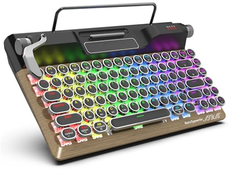 Cuifati Teclado Mecánico de Máquina de Escribir Retro, Teclado Ergonómico Inalámbrico de Grano de Madera de 84 Teclas con Bluetooth 5.0 2.4G USB y Reposamuñecas de Cuero PU para Oficina,