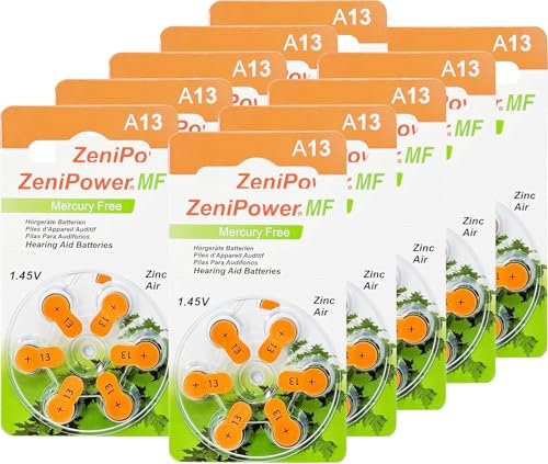 Zeni Power Hörgerätebatterien Typ 13-60 Stück Hörgeräte Batterien - Pack mit 10 Blistern à 6 Hörgerätebatterien – PR48 Farbcode orange 1,45 Volt