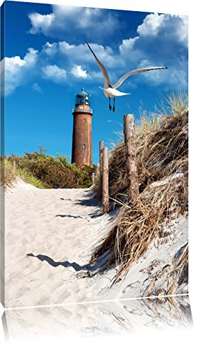 Pixxprint Schöner Leuchtturm am Strand, Größe: 120x80cm, Leinwandbild, fertig gespannt, Wandbild, Dekoration, Kunstdruck, kein Poster