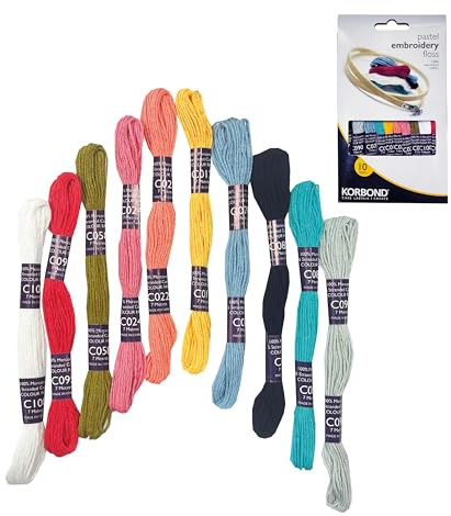 Korbond 10 Pack Light 10 x 7m 6 Stranded Skeins – 70m of Floss – Ideal for Embroidery Work, Cross Stitch, Crafting, DIYs and Upcycling