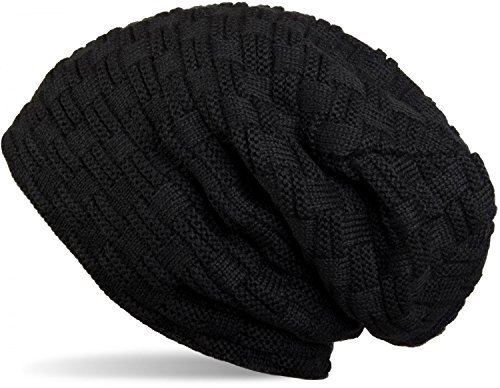 styleBREAKER warme Feinstrick Beanie Mütze mit Flecht Muster und sehr weichem Fleece Innenfutter, Unisex 04024058, Farbe:Schwarz