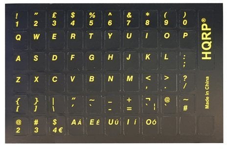 HQRP English Non-Transparent Keyboard Stickers for UK layout with Yellow Lettering on Black Background + Extra Letters for US Keyboard