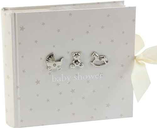 Álbum de fotos Bambino para baby shower, diseño en blanco con estrellas plateadas e iconos, 15,25 x 10 cm