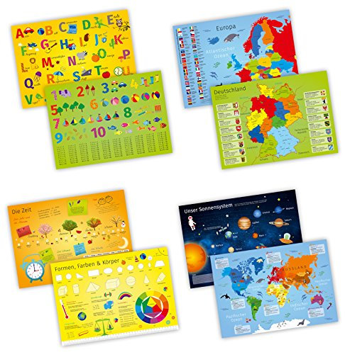 nikima - 4er Set Schreibtischunterlage mit Lerneffekt - Karton - ABC, Deutschland, die Erde, Farben. - Größe: A3 für Kinder