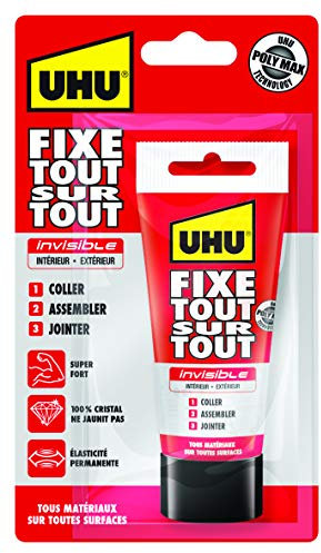 UHU Fixe tout sur tout invisible- Colle de fixation transparente pour coller, assembler et jointer, technologie SMP polymer, sans solvants, transparente, tube 75g