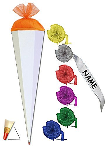 Schultüte - Rohling - Weiß/Orange - 85 cm - incl. individueller Schleife - mit Holzspitze/Filzabschluß - Zuckertüte Roth - zum Basteln, Bemalen und Bekleb..