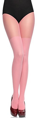 Merry Style Collant fantaisie femme 40 deniers Lycra à rayures illusion cuissardes Collant à Motif Lingerie Sexy Sous-vêtements Femme MS 387 (Rose, L)