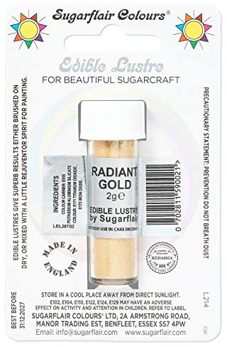 Sugarflair Radiant Gold Edible Lustre Dust, Add a Lustrous Shine to Cakes or Decorations. Brush On or Add Rejuvenator to Create Eye-Catching Edible Paint, Gives Shine to Your Bakes - 2g