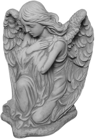 gartendekoparadies.de Sitzender Engel mit gekreuzten Armen, Steinfigur H. 36 cm, 12 kg, Grau, frostsicher aus Steinguss für Außenbereich