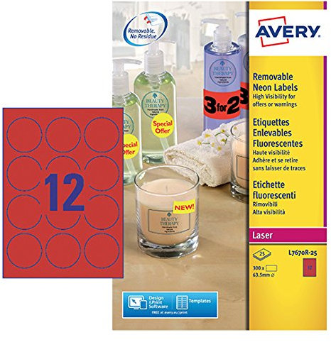 Avery L7670R-25 hoch sichtbare Neon-Etiketten für Laserdrucker rund 63,5 mm 12 pro Blatt 300 Etiketten rot