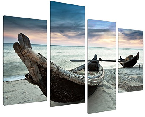 Large Blue Beach Sea Sunset Canvas Wall Art Pictures XL Set Boats 4107