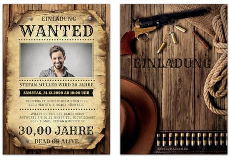 Kartenmachen.de Einladungskarten zum Geburtstag (10-100 Stück) als Wanted Poster mit Foto Western Kopfgeld