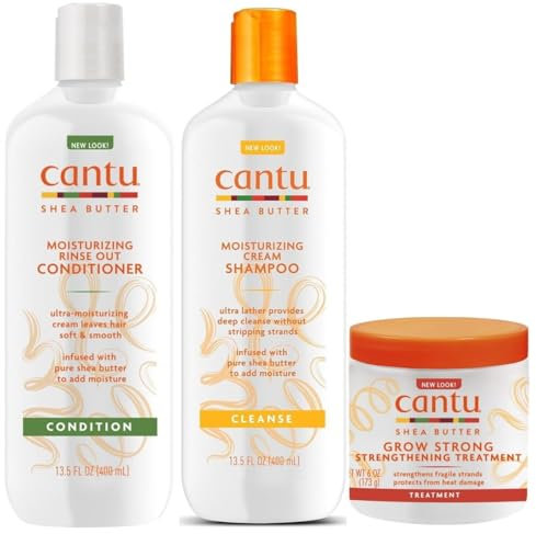 Cantu Shea Butter Hair Care Bundle (3 Pack) Featuring Cantu Shea Butter Moisturizing Cream Shampoo (1), Cantu Shea Butter Moisturizing Rinse Out Conditioner (1) and Cantu Shea Butter Grow Strong Strengthening Treatment (1) by N/A