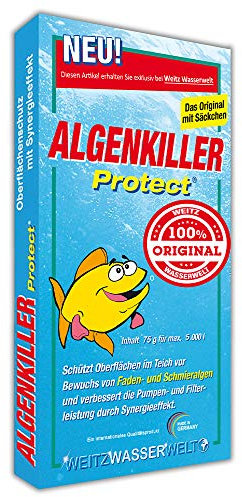 ALGENKILLER Protect® - Der Algenenferner für den Teich. Algen und Grünbelag abbau mit Synergieeffekt verbessert die Pumpen- und Filterleistung. Optimaler Oberflächenschutz mit Langzeitwirkung.