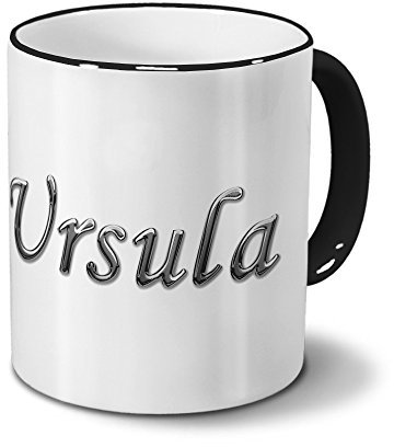 Tasse mit Namen Ursula - Motiv Chrom-Schriftzug - Namenstasse, Kaffeebecher, Mug, Becher, Kaffeetasse - Farbe Schwarz