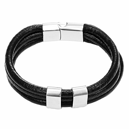 DonDon Herren Lederarmband bestehend aus DREI Ledersträngen mit Edelstahl Elementen und Edelstahl Magentverschluss