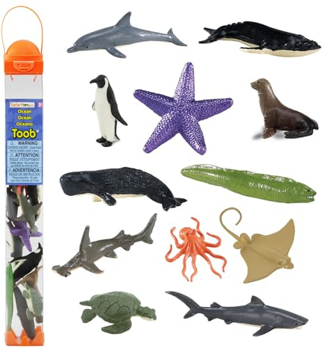 Safari Ltd. Ocean TOOB - 12 Mini Figurines: Sea Lion, Eagle Ray, Starfish, Turtle, Penguin, Octopus, Whales, Moray Eel, Sharks, and Dolphin - Educational Toy Figures For Boys, Girls & Kids Ages 3+