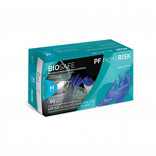Biosafe High Risk, Guanti in lattice, Senza Polvere, Blu, Taglia L, Confezione da 50 pezzi