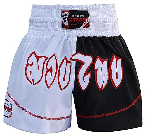 Farabi Sports Pantalones Muay Thai - Pantalones Kick Boxing Hombre Mujeres Muay Thai Shorts para Artes Marciales MMA Jaula Lucha y Entrenamiento (FR/ES, Letras, S, Regular, Regular, White/Black)
