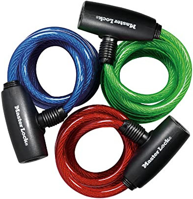 Master Lock Fahrradschlosskabel mit Schlüssel, blau, grün und rot, 3er-Pack gleichschließende Fahrradkabelschlösser, 1,8 m Lang, 8127TRI