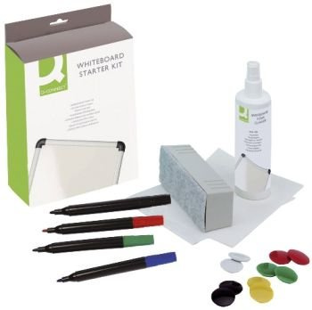 Whiteboard Starter-Set Arbeits-Set für Planungstafeln. Inhalt: 250 ml Whiteboard-Reinigungsflüssigkeit, magnethaftender Whiteboard-Löscher, 12 Whiteboard-Löscher-Ersatzfilzstreifen, 4 Whiteboardmarker farbig sortiert, 10 Magnete Ø 32 mm farbig s