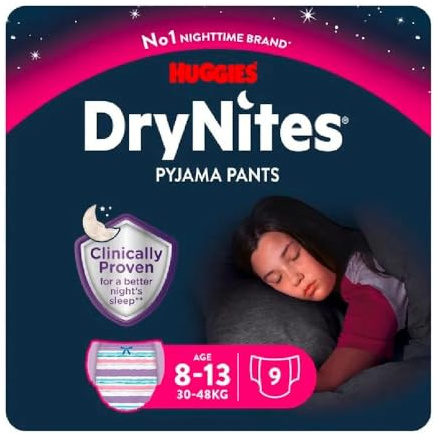 Huggies DryNites, pantalons de pyjama pour filles, tailles 8 à 15 ans, sous-vêtements de nuit discrets aux motifs captivants, protection maximale contre l'énurésie nocturne chez les adolescentes, 9 unités (lot de 1)