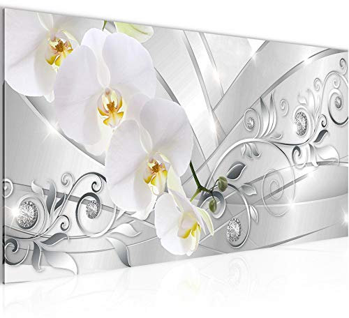 Runa Art Wandbild Blumen Orchidee 1 Teilig 100 x 40 cm Modern Bild auf Vlies Leinwand Ornament Silber Wohnzimmer Grau 209112a