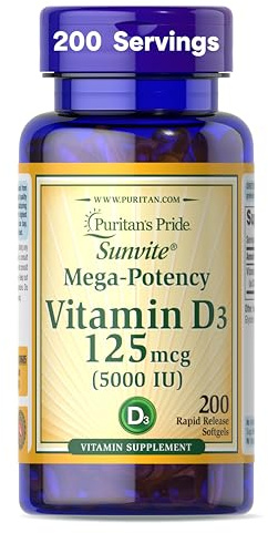 Puritan's Pride Premium Sunvite™ Mega-Potency Vitamin D3 5,000 IU, Dietary Supplement for Healthy Bones, Teeth, and Immune System Support, 200 Rapid Release Softgels (Packaging May Vary)