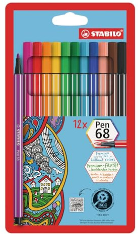 STABILO Pen 68 - Premium Fibre-Tip Pen - Pack of 12 - Assorted Colours