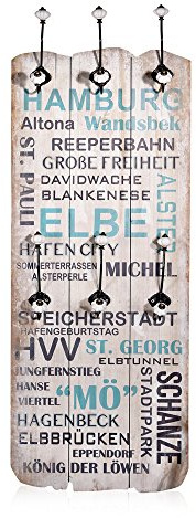 Melko Wandgarderobe Garderobenpaneel Holz mit 6 Kleiderhaken 100x40x3,5 cm | aus Paulownienholz mit nostalgischen Schriftzügen, Haken individuell anbringbar, für Diele und Eingangsbereich, Braun/Beige