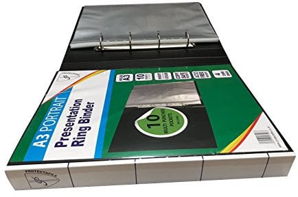 A3 Deluxe Portrait 4-D Ring Binder Folder File Art Black Presentation Portfolio + 10 Free Glass Clear 90 Micron Plastic Wallets (1)