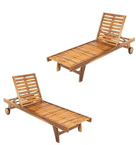 Pack 2 tumbonas para jardín con Ruedas, Reclinable, Madera Teca Grado A, Medidas 65x200x35 cm, Tratamiento al Agua aplicado, Hamacas de Piscina, Tumbona de jardín de teka