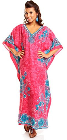 New Ladies Plus Size Maxi Tribal Ethnic Print Tunic Kaftan Evening Party, Pink, Size 18-22