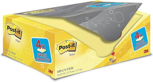 Post-it Notizen Kanariengelb, Vorteilspackung mit 16 Blöcken + 4 GRATIS, 100 Blatt pro Block, 76 mm x 127 mm, Farbe: Gelb - Selbstklebende Notizzettel für Notizen, To-Do-Listen und Erinnerungen