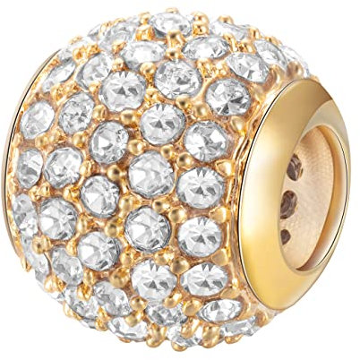 Andante-Stones 14K Gold Pavé Strass Bead Charm mit weißen Zirkoniasteinen - Element Kugel für European Beads + Organzasäckchen