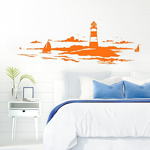 Grandora Skyline Küstenlandschaft Leuchtturm I orange 90 x 30 cm I Bad Wohnzimmer Schlafzimmer Aufkleber Wandaufkleber Wandsticker Modern W974